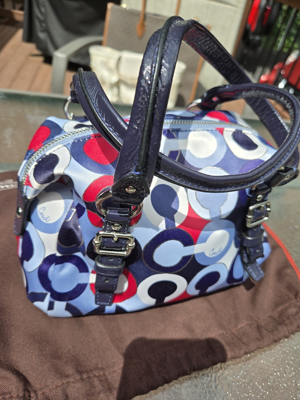 Coach Sateen Signature Circle Print Satchel - Navy, Red & White - Picture 3 of 9